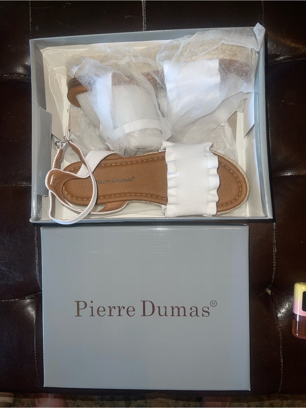 NWT Pierre Dumas Magic 8 White Ruffle Ankle-Strap Sandals